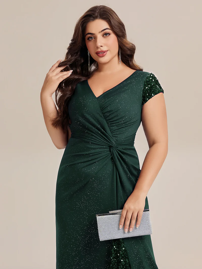 Short Sleeve Sequin Bodycon Evening Dress (Dark Green) (Retail)