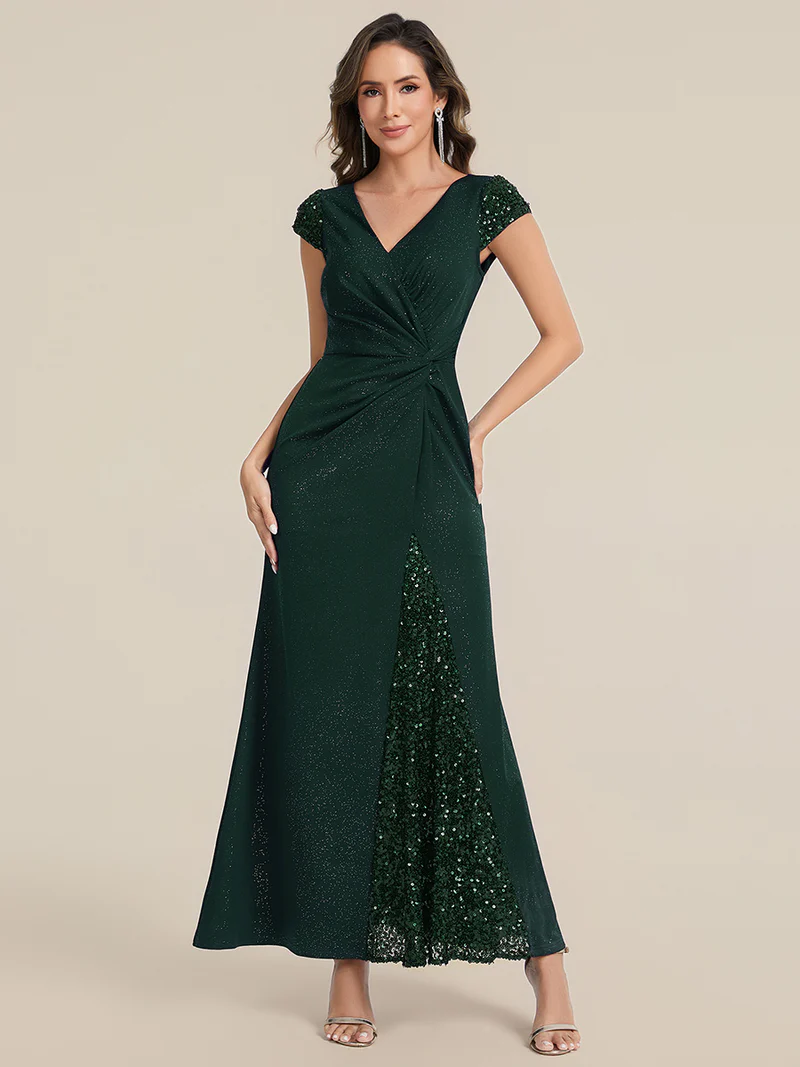 Short Sleeve Sequin Bodycon Evening Dress (Dark Green) (Retail)