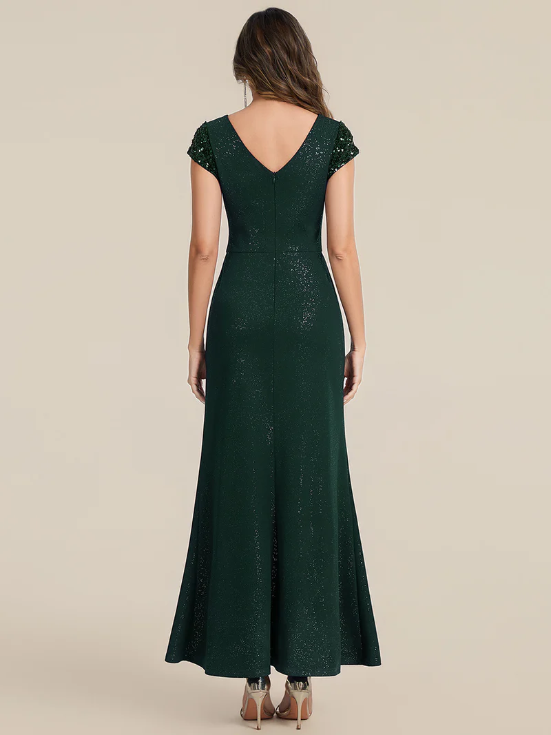 Short Sleeve Sequin Bodycon Evening Dress (Dark Green) (Retail)