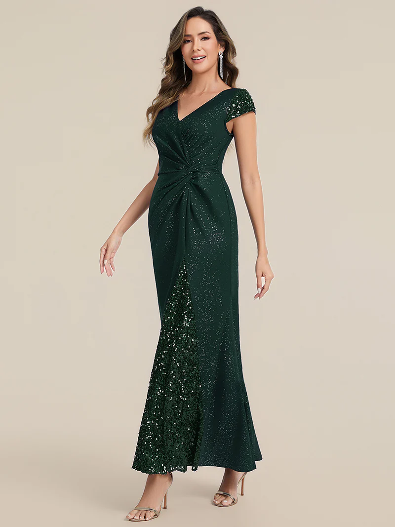 Short Sleeve Sequin Bodycon Evening Dress (Dark Green) (Retail)