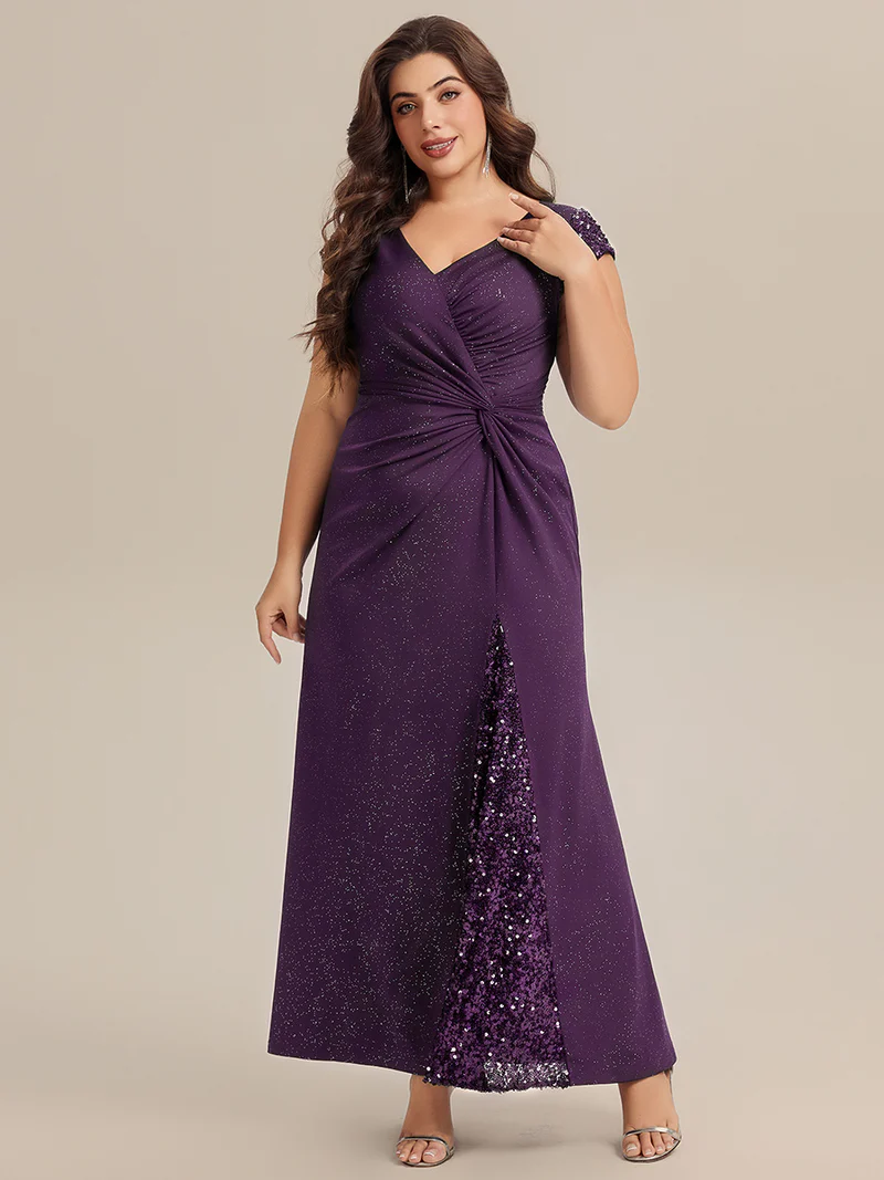 Short Sleeve Sequin Bodycon Evening Dress (Dark Purple) (Make To Order)