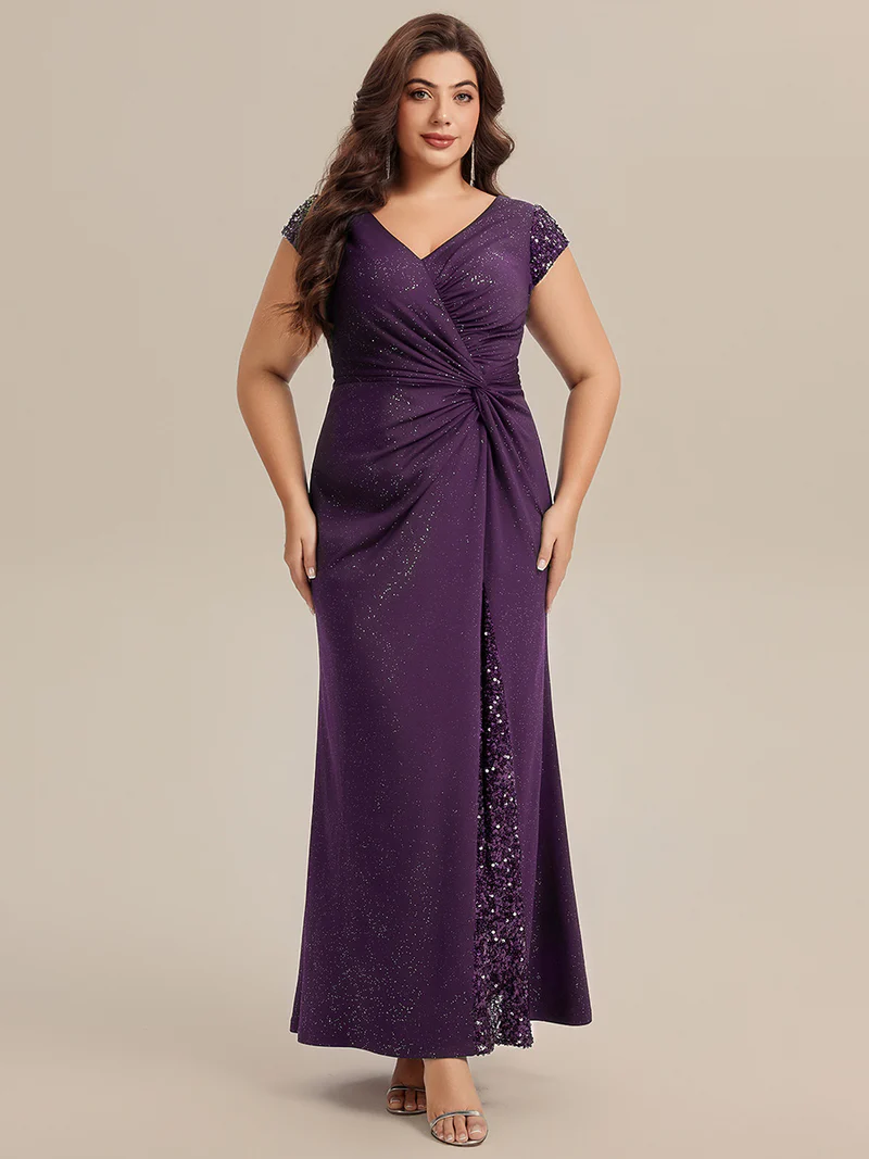 Short Sleeve Sequin Bodycon Evening Dress (Dark Purple) (Make To Order)
