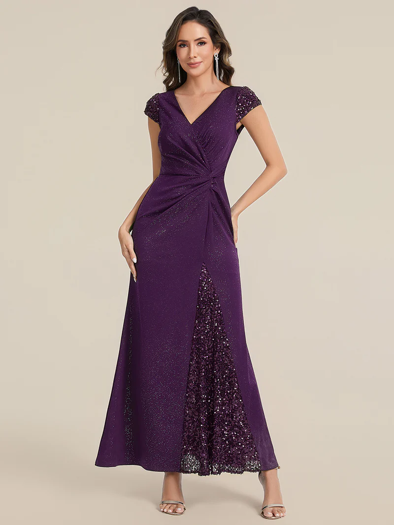 Short Sleeve Sequin Bodycon Evening Dress (Dark Purple) (Make To Order)