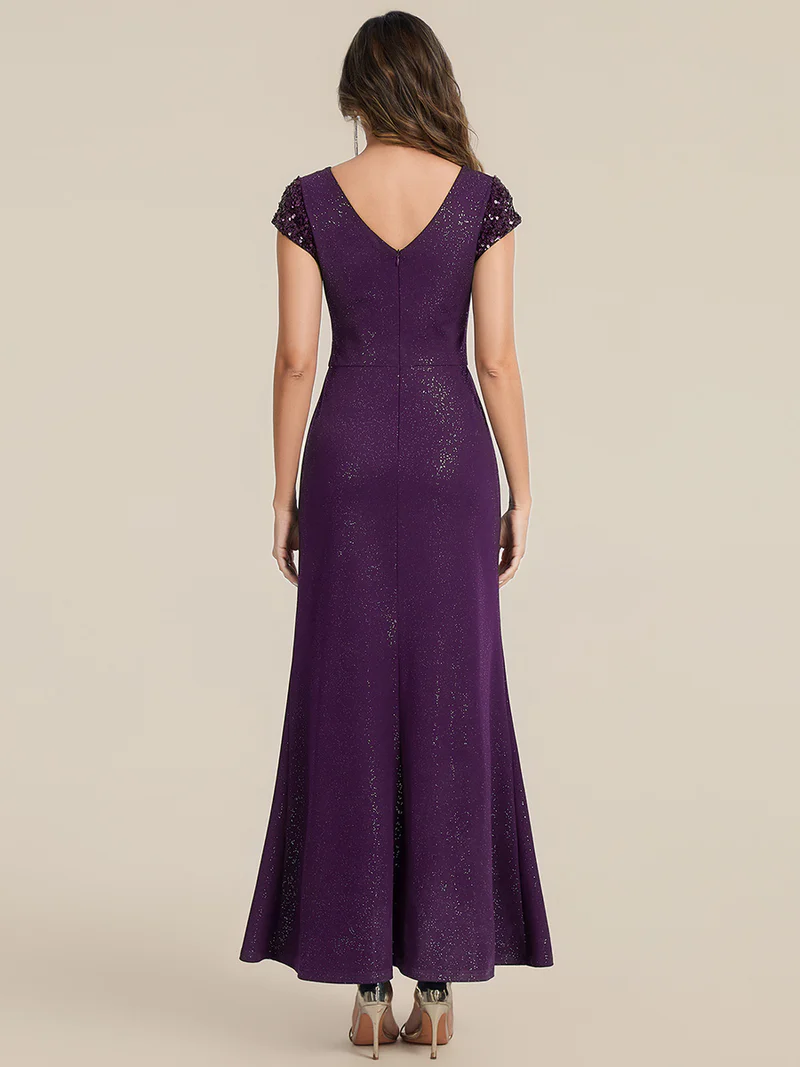 Short Sleeve Sequin Bodycon Evening Dress (Dark Purple) (Make To Order)