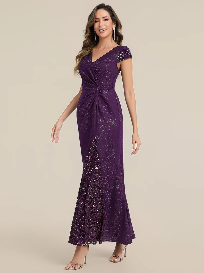 Short Sleeve Sequin Bodycon Evening Dress (Dark Purple) (Make To Order)