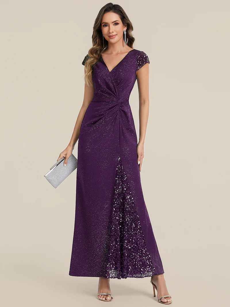 Short Sleeve Sequin Bodycon Evening Dress (Dark Purple) (Make To Order)