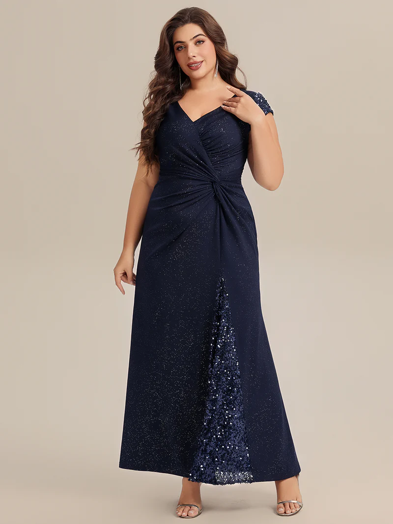 Short Sleeve Sequin Bodycon Evening Dress (Navy Blue) (Make To Order)