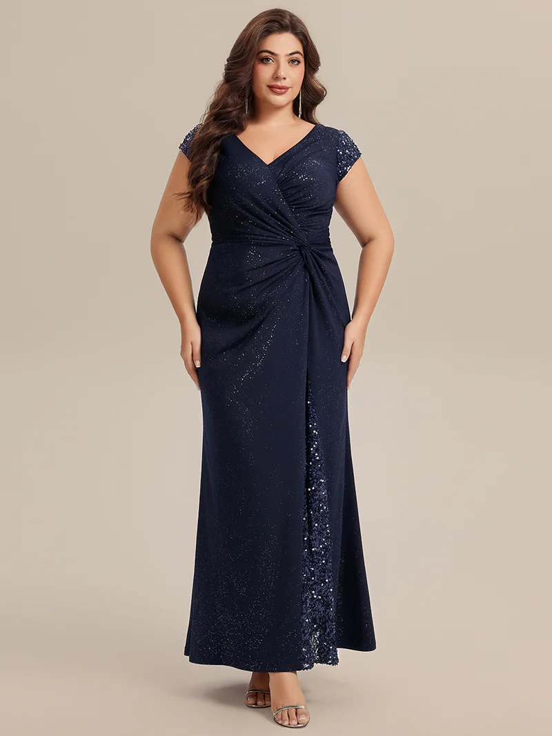 Short Sleeve Sequin Bodycon Evening Dress (Navy Blue) (Make To Order)