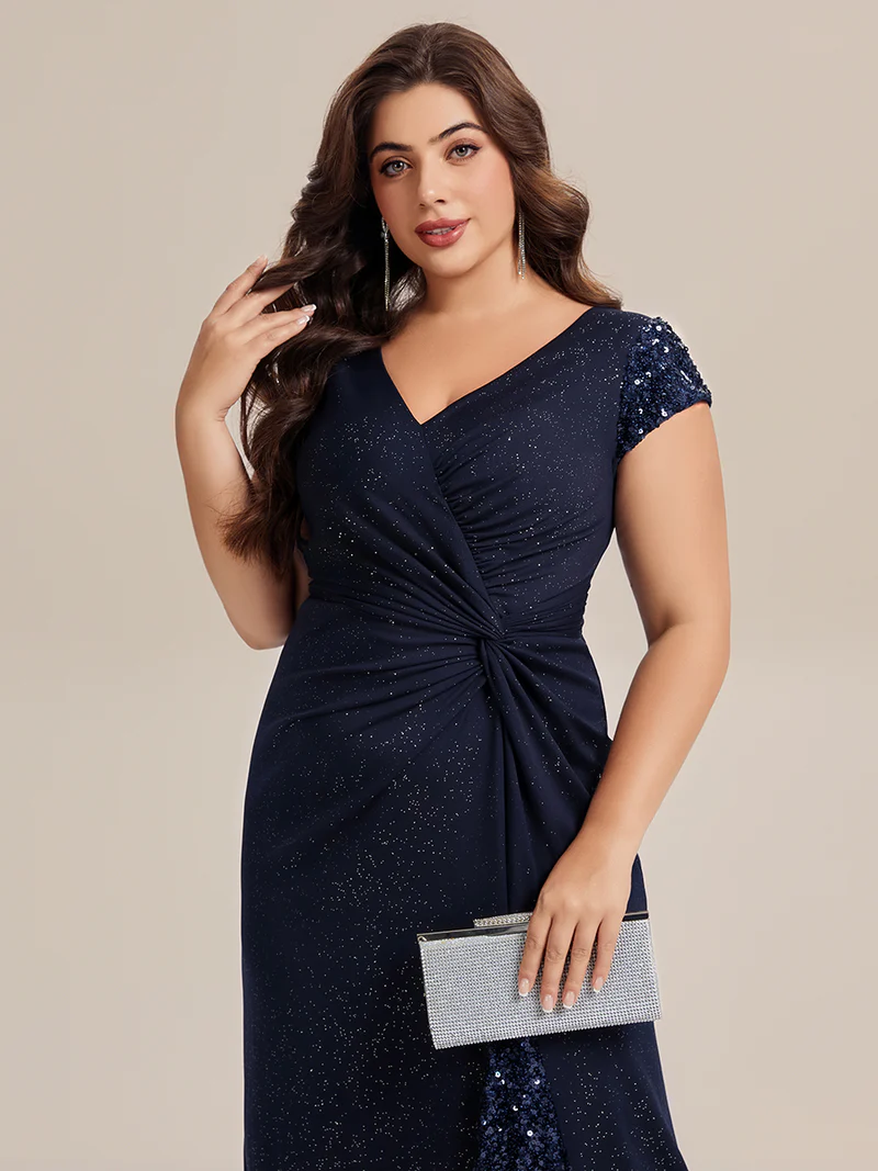 Short Sleeve Sequin Bodycon Evening Dress (Navy Blue) (Make To Order)