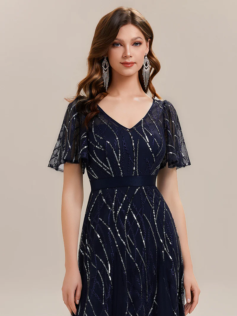  Short Sleeve Ruffle Sequin  A-Line  Evening Dresses (Made To Order)
