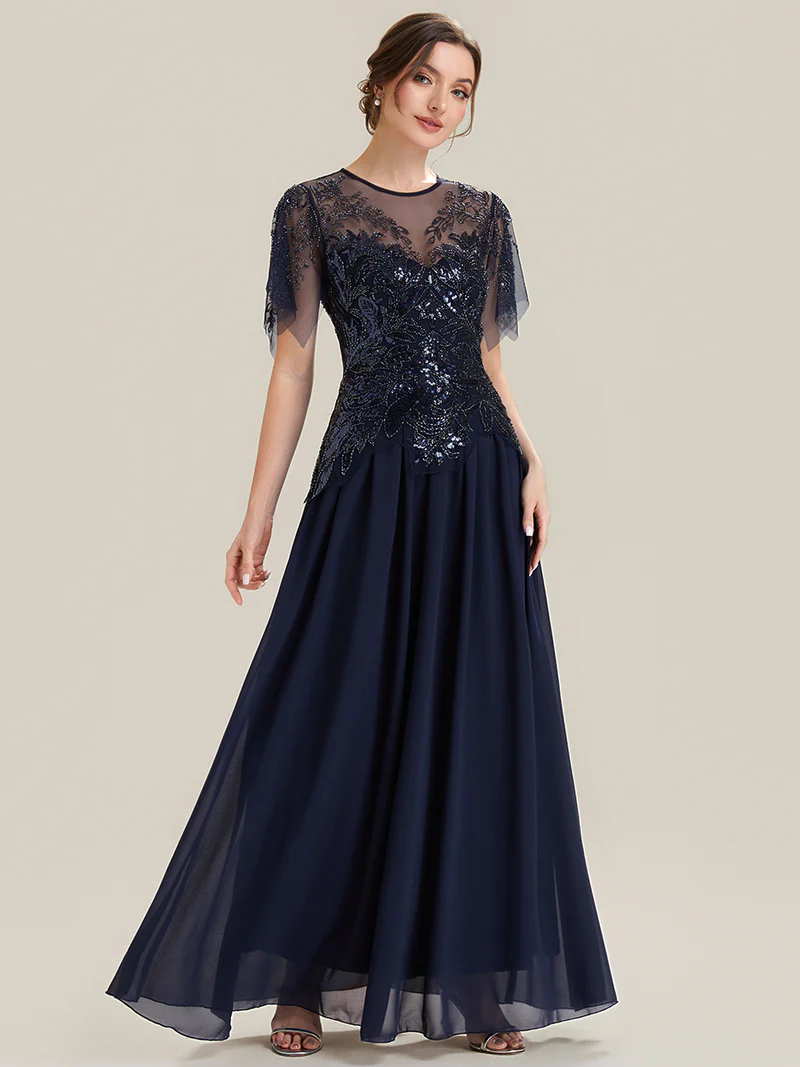 Short Sleeve Ruffle Sequin Round Neck Evening Gown (Made To Order) (Navy Blue)