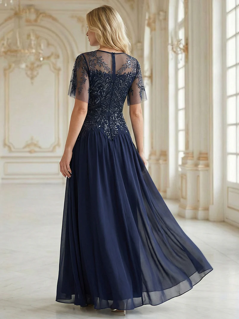 Short Sleeve Ruffle Sequin Round Neck Evening Gown (Made To Order) (Navy Blue)