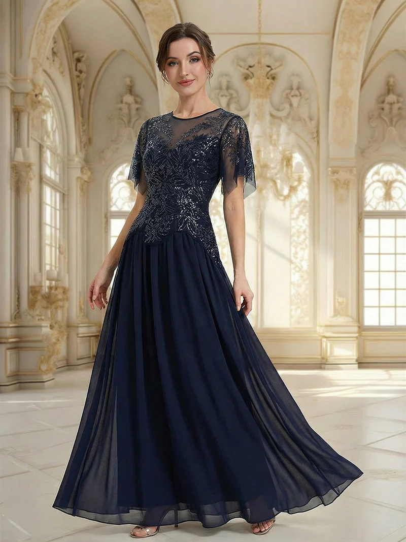 Short Sleeve Ruffle Sequin Round Neck Evening Gown (Made To Order) (Navy Blue)
