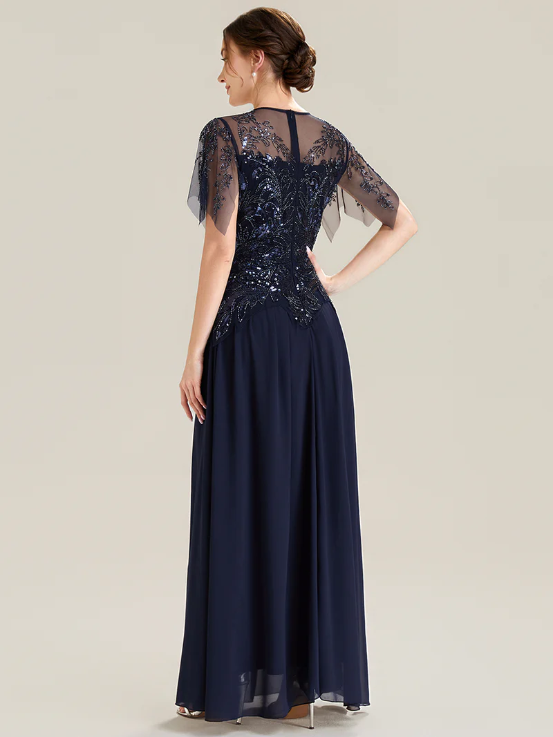 Short Sleeve Ruffle Sequin Round Neck Evening Gown (Made To Order) (Navy Blue)