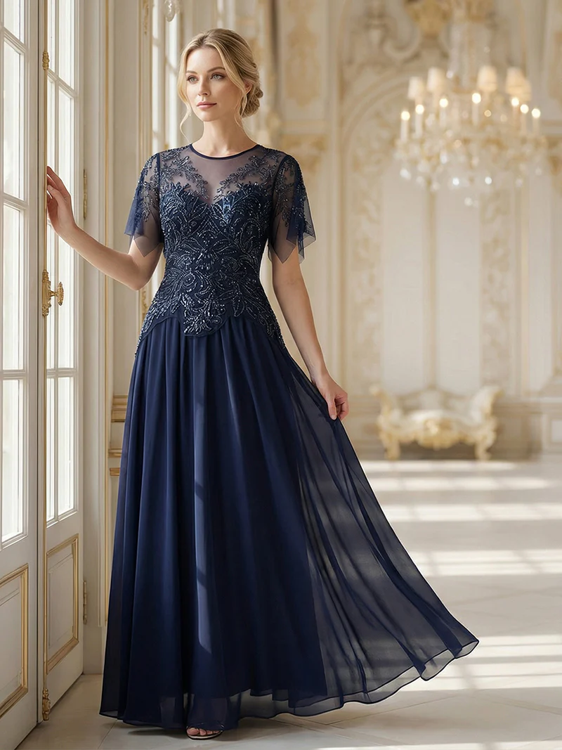 Short Sleeve Ruffle Sequin Round Neck Evening Gown (Made To Order) (Navy Blue)