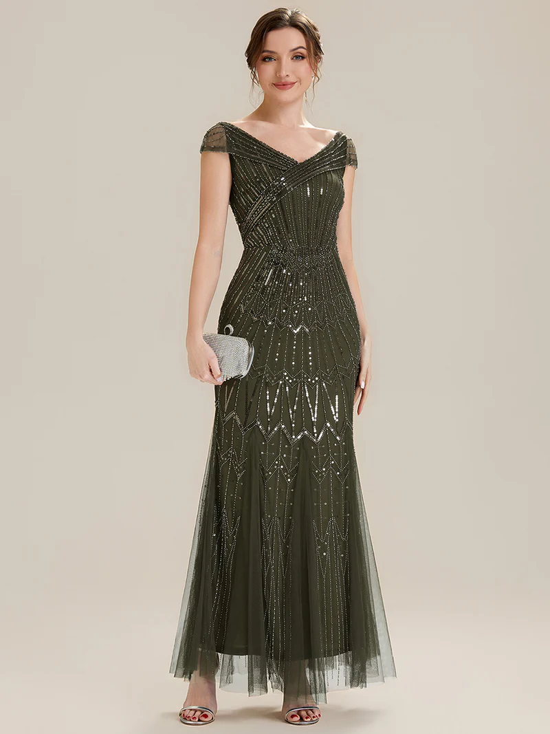 Short Sleeves Off Shoulder Fishtail Embroidered Evening Dresses (Made To Order) (Olive Green)