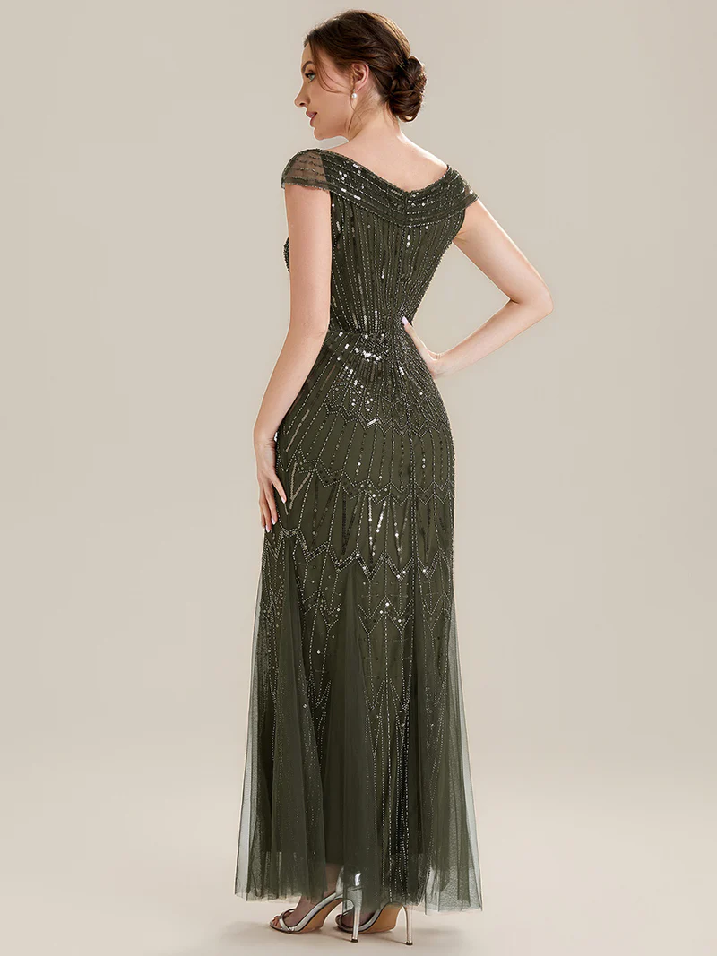 Short Sleeves Off Shoulder Fishtail Embroidered Evening Dresses (Made To Order) (Olive Green)