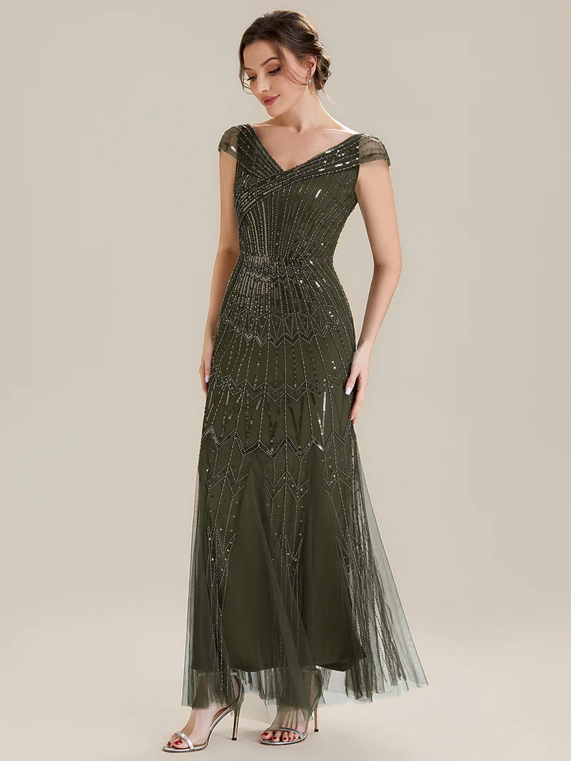 Short Sleeves Off Shoulder Fishtail Embroidered Evening Dresses (Made To Order) (Olive Green)