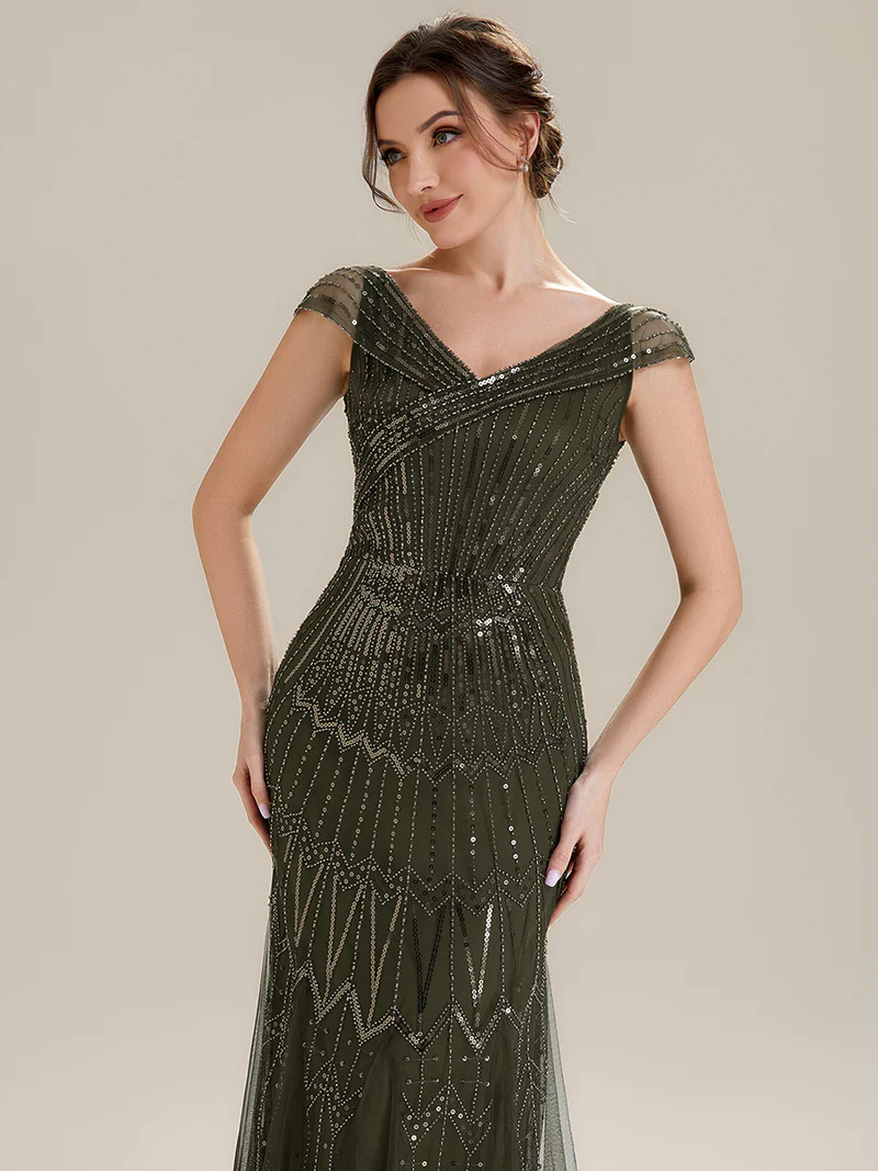 Short Sleeves Off Shoulder Fishtail Embroidered Evening Dresses (Made To Order) (Olive Green)