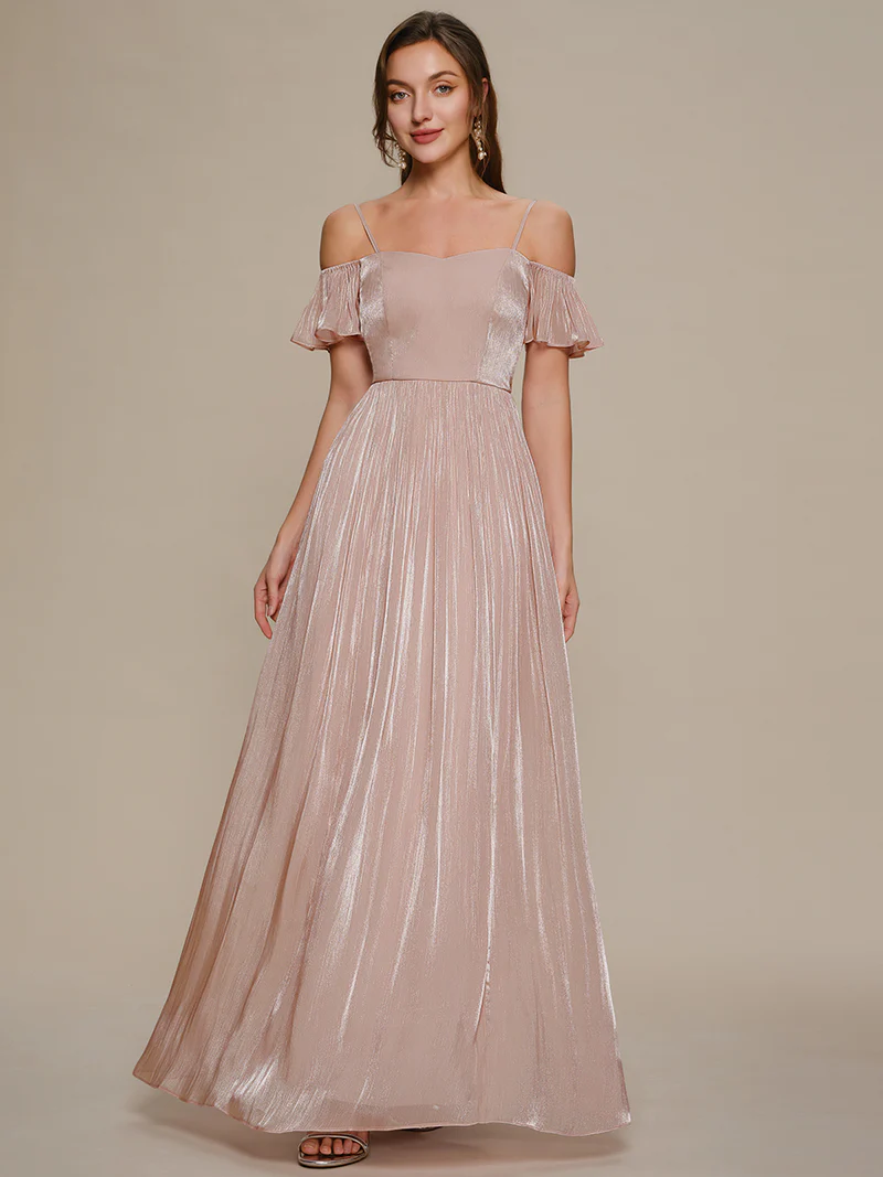 Cold Shoulder Pleated A-Line Evening Dresses (Pink)
