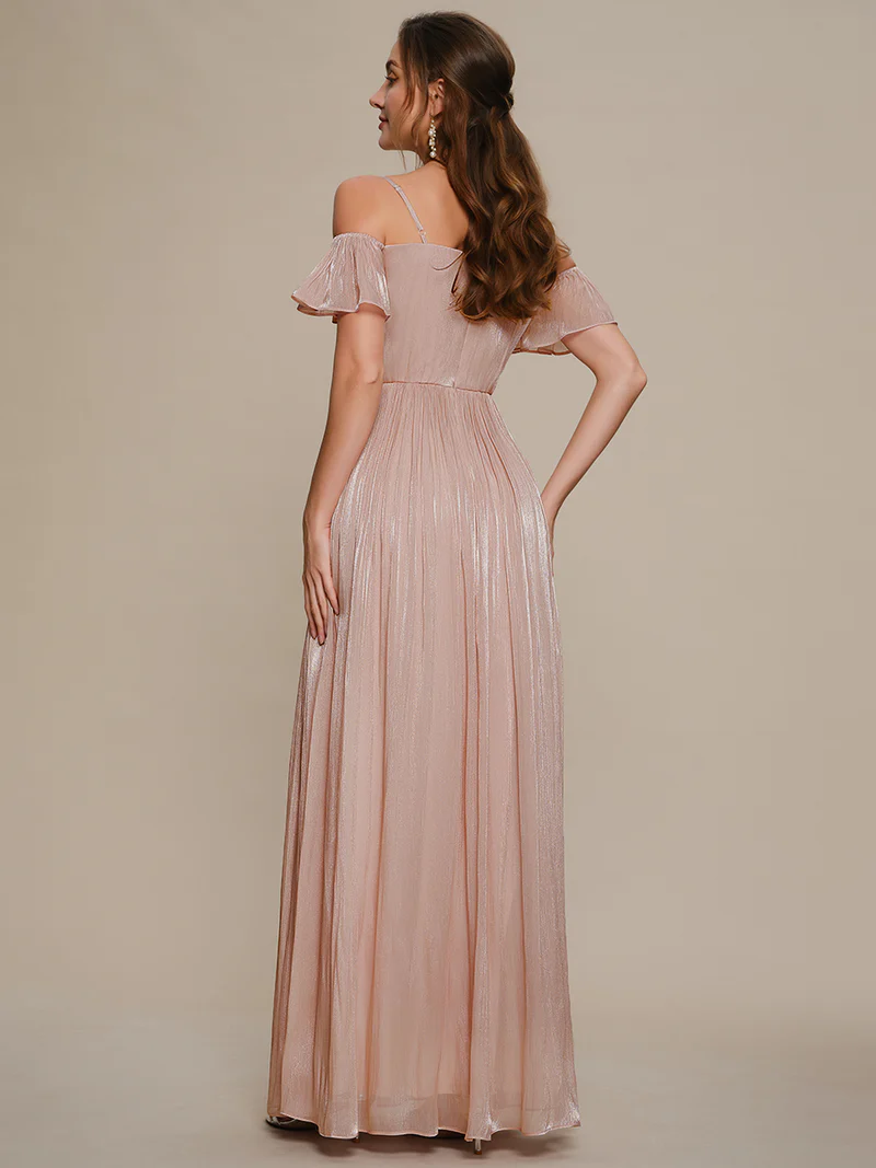 Cold Shoulder Pleated A-Line Evening Dresses (Pink)