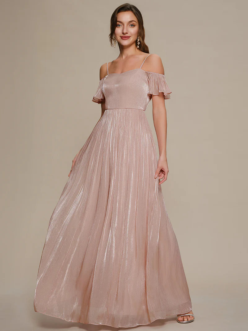 Cold Shoulder Pleated A-Line Evening Dresses (Pink)