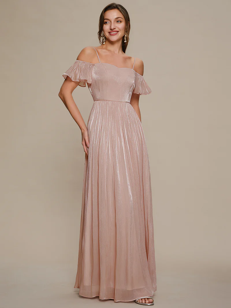 Cold Shoulder Pleated A-Line Evening Dresses (Pink)