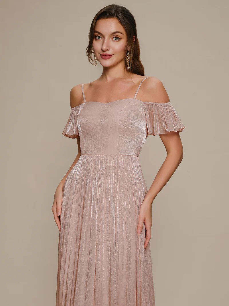 Cold Shoulder Pleated A-Line Evening Dresses (Pink)