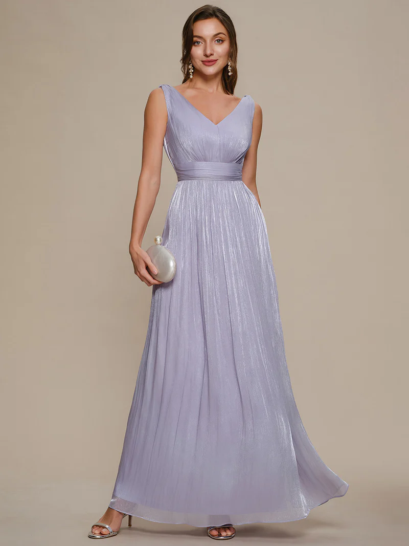 V-Neck Gathered A-Line Floor Length Evening Dresses (Light Purple) (Made To Order)