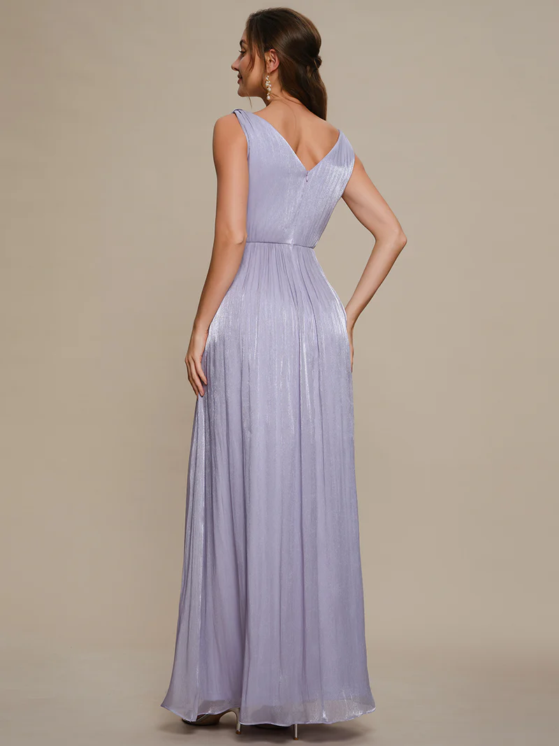 V-Neck Gathered A-Line Floor Length Evening Dresses (Light Purple) (Made To Order)