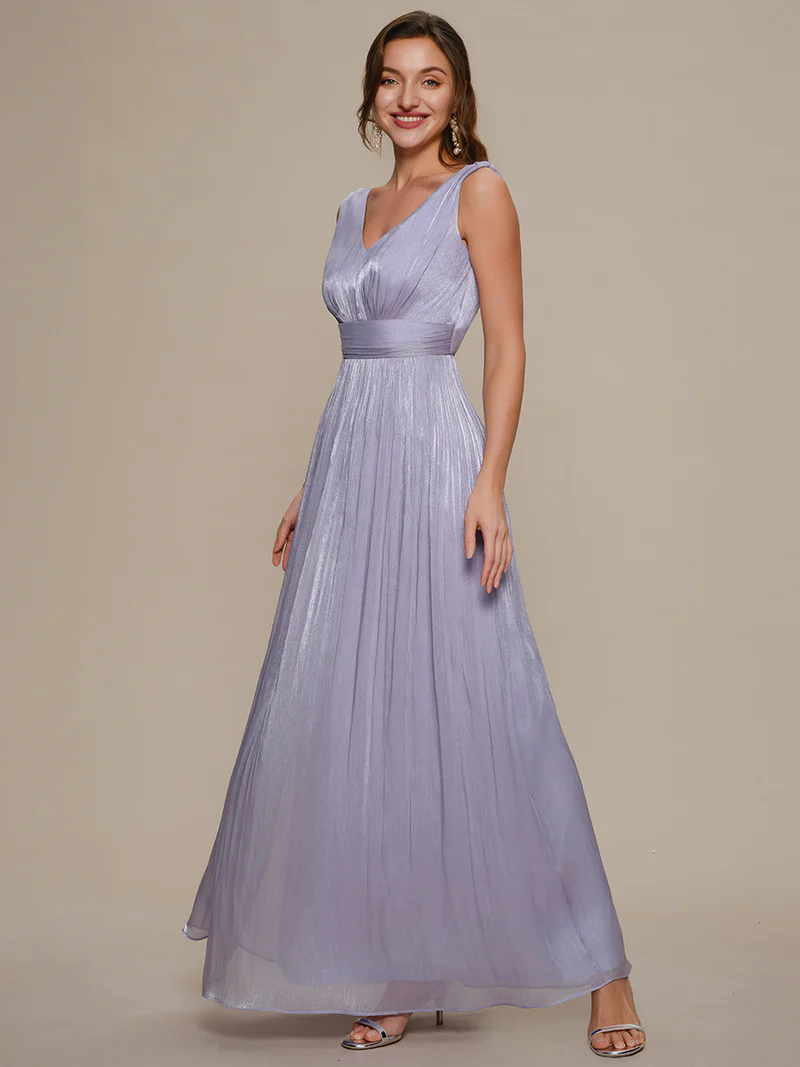 V-Neck Gathered A-Line Floor Length Evening Dresses (Light Purple) (Made To Order)