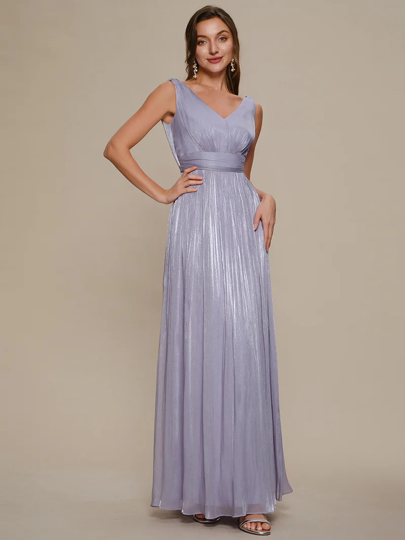 V-Neck Gathered A-Line Floor Length Evening Dresses (Light Purple) (Made To Order)
