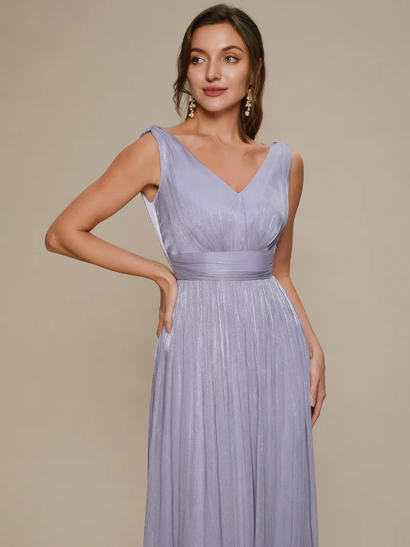 V-Neck Gathered A-Line Floor Length Evening Dresses (Light Purple) (Made To Order)