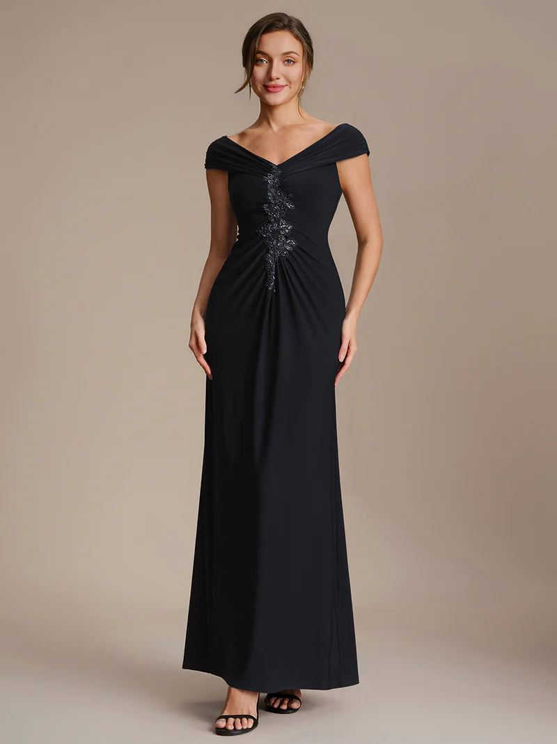 Off Shoulder V-neck Sheath Evening Dresses (Black) (Made To Order)