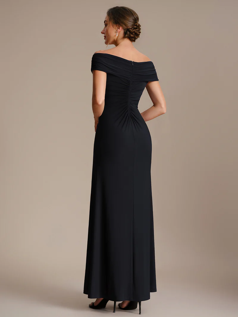 Off Shoulder V-neck Sheath Evening Dresses (Black) (Made To Order)