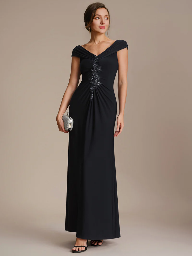 Off Shoulder V-neck Sheath Evening Dresses (Black) (Made To Order)