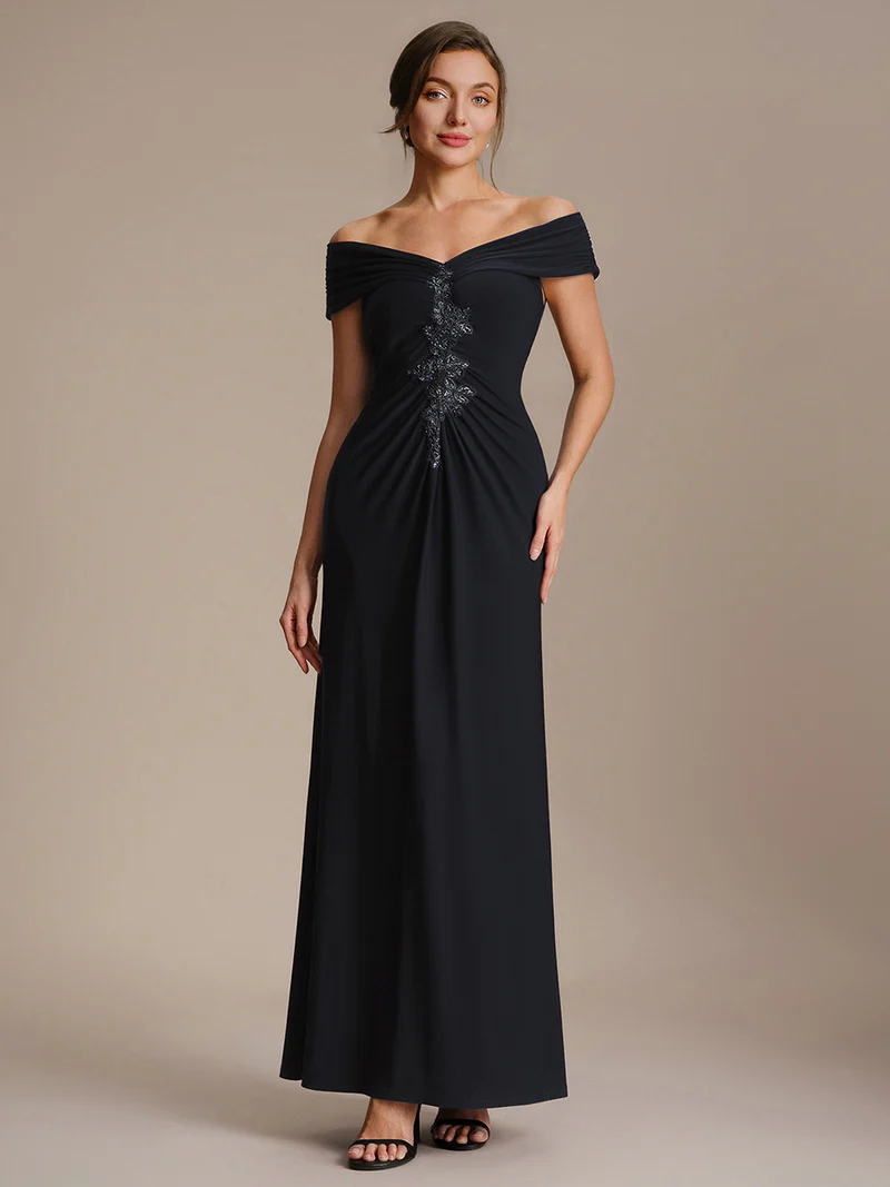 Off Shoulder V-neck Sheath Evening Dresses (Black) (Made To Order)