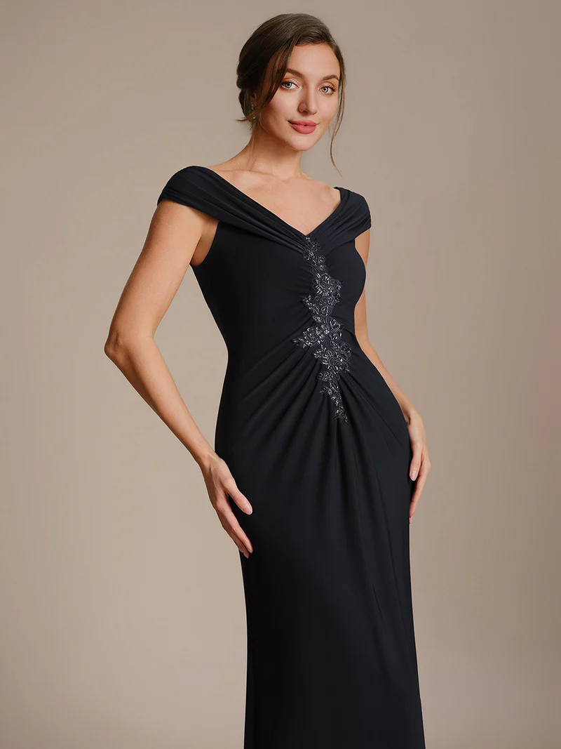 Off Shoulder V-neck Sheath Evening Dresses (Black) (Made To Order)
