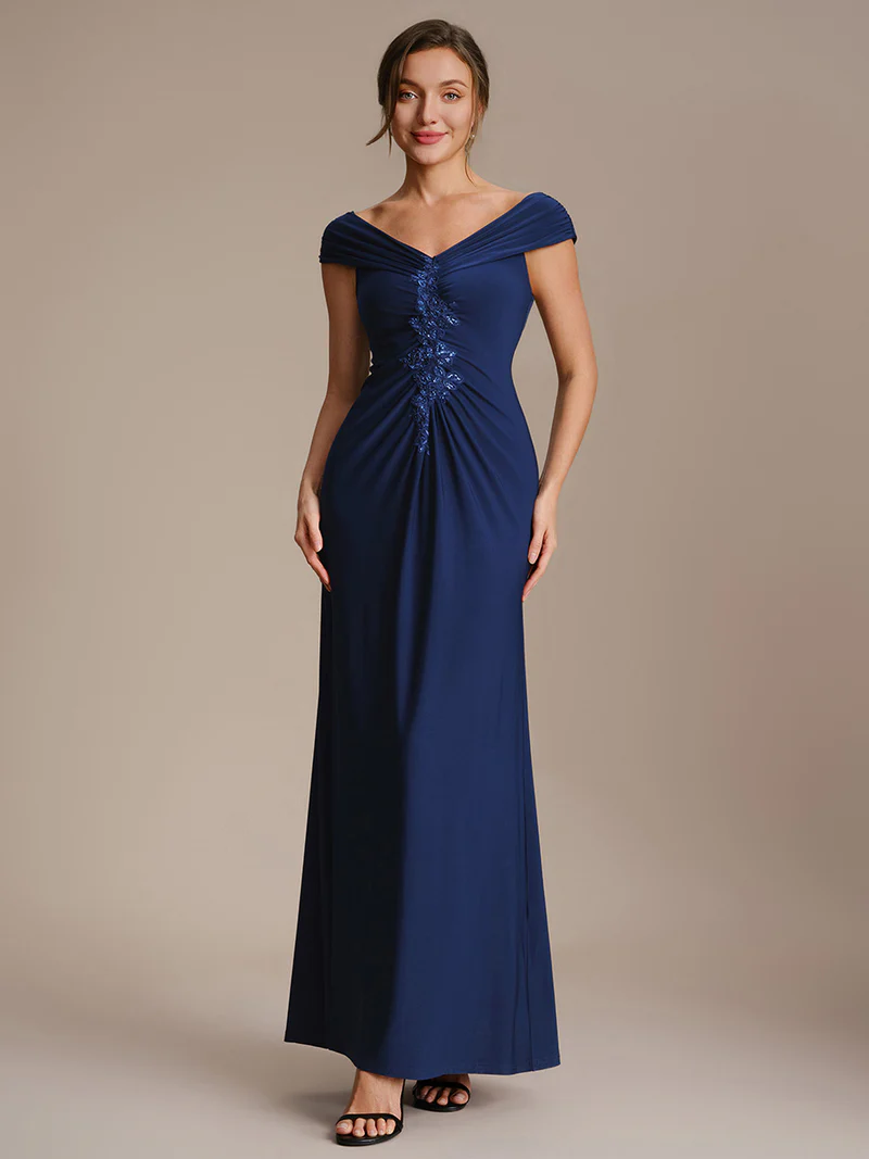Off Shoulder V-neck Sheath Evening Dresses (Navy Blue) (Made To Order)