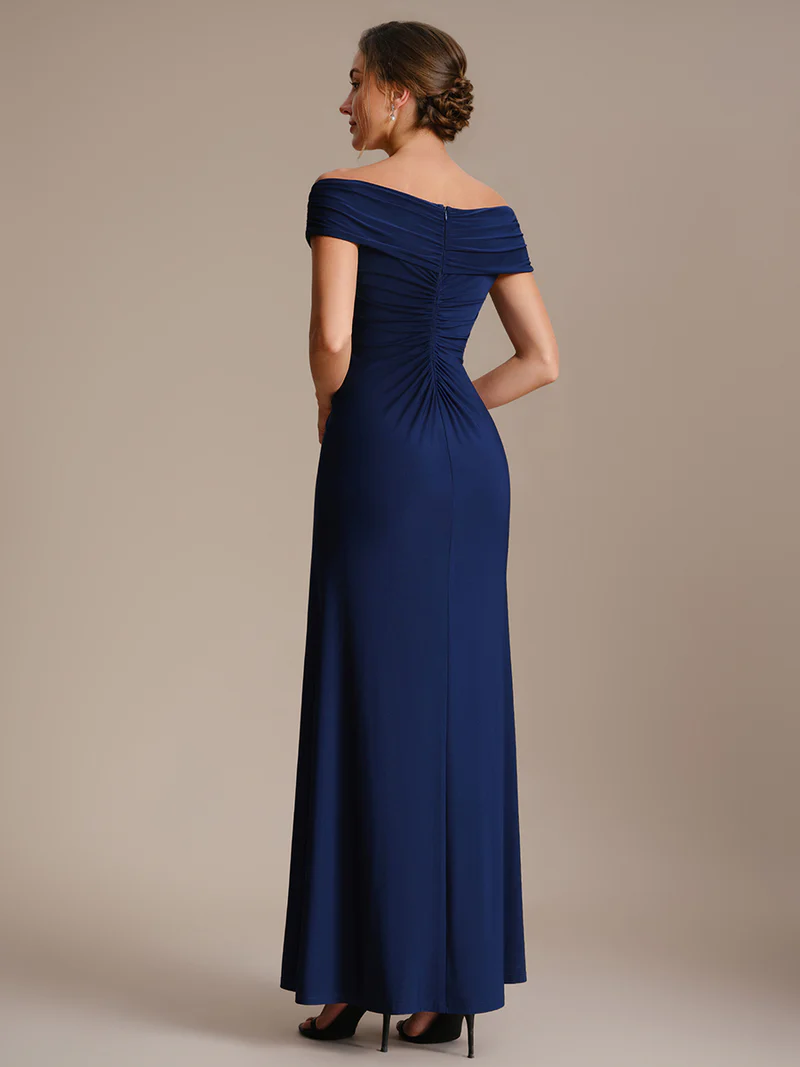 Off Shoulder V-neck Sheath Evening Dresses (Navy Blue) (Made To Order)
