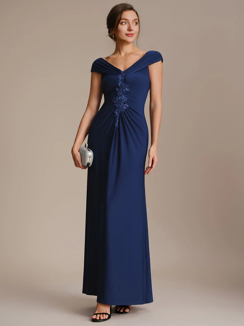 Off Shoulder V-neck Sheath Evening Dresses (Navy Blue) (Made To Order)