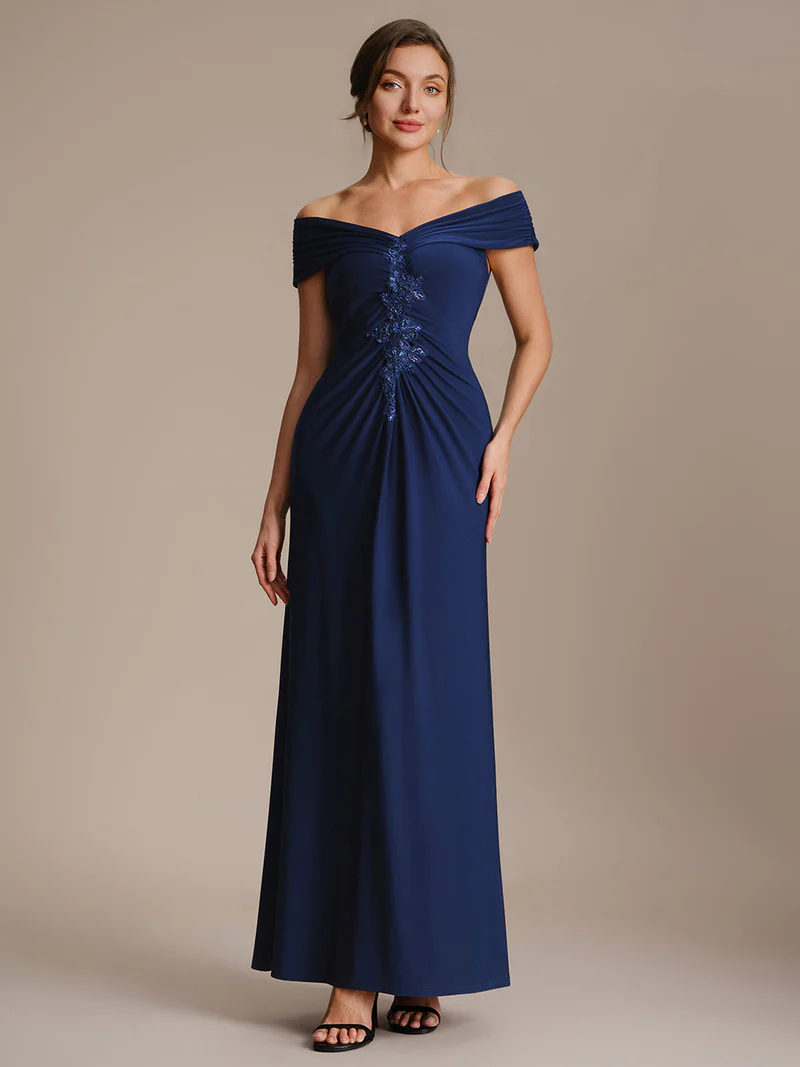Off Shoulder V-neck Sheath Evening Dresses (Navy Blue) (Made To Order)