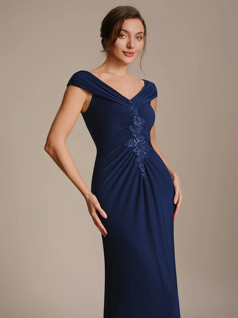 Off Shoulder V-neck Sheath Evening Dresses (Navy Blue) (Made To Order)