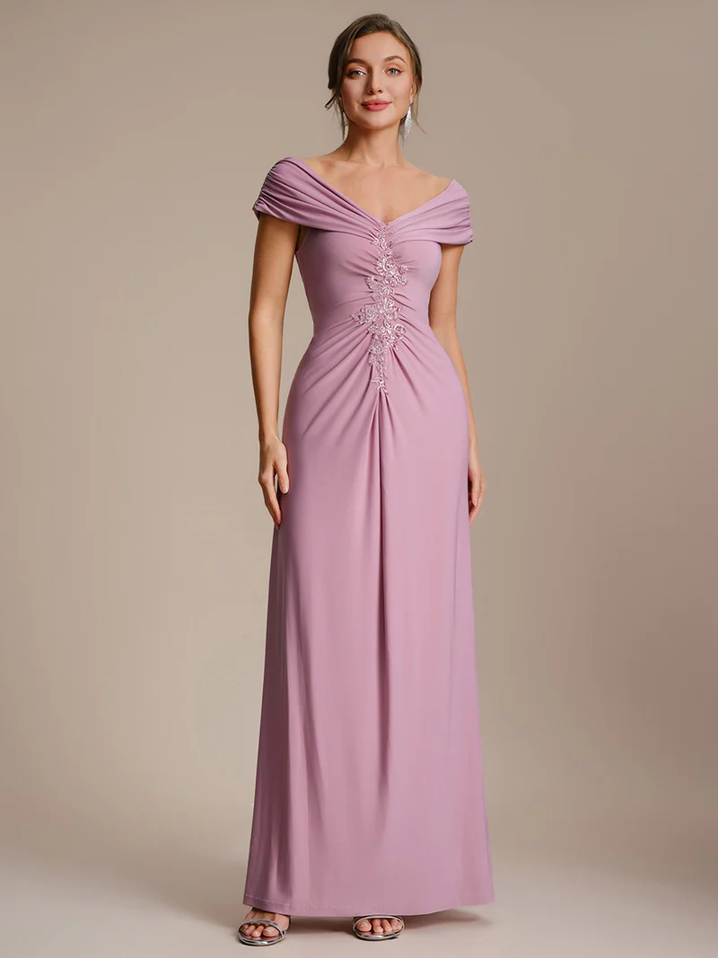Off Shoulder V-neck Sheath Evening Dresses (Orchid) (Made To Order)