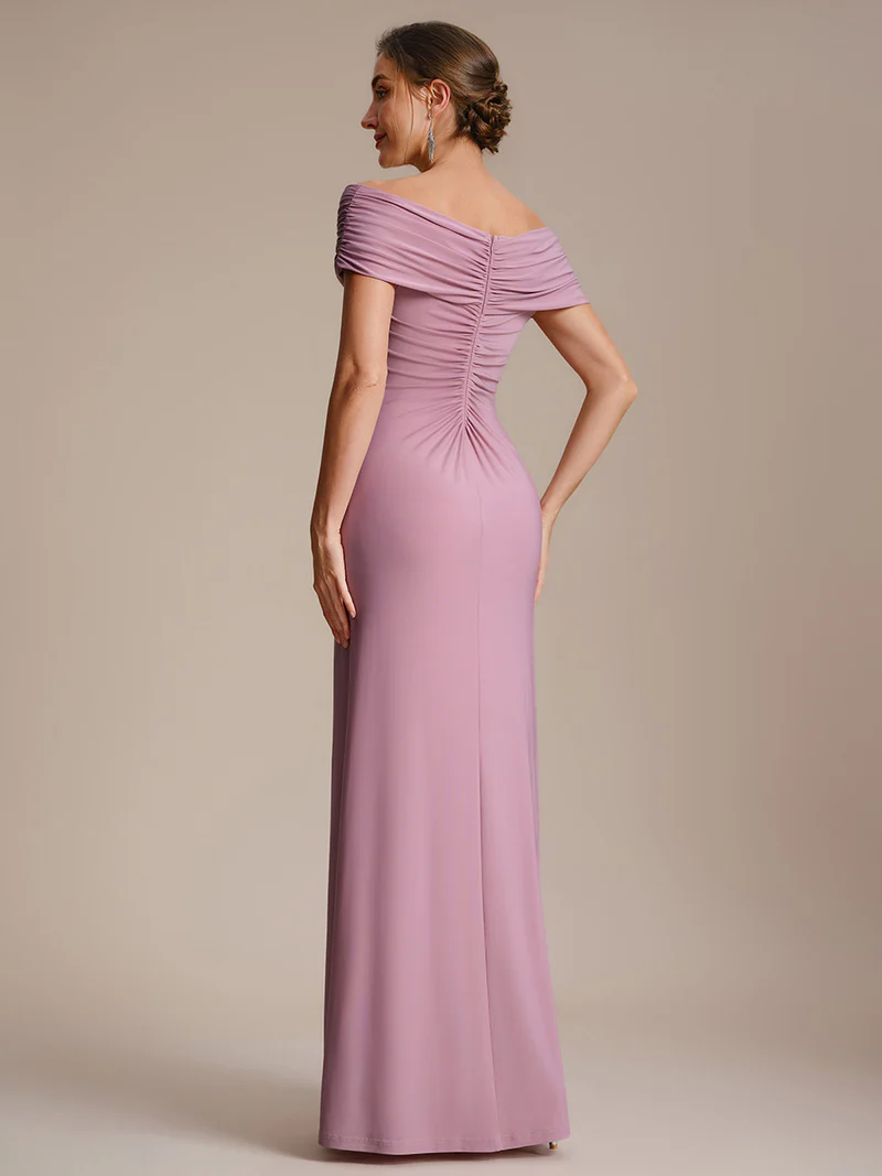 Off Shoulder V-neck Sheath Evening Dresses (Orchid) (Made To Order)