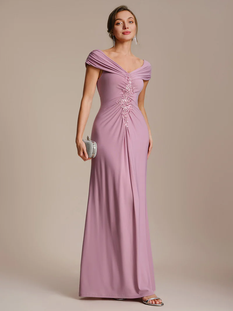 Off Shoulder V-neck Sheath Evening Dresses (Orchid) (Made To Order)