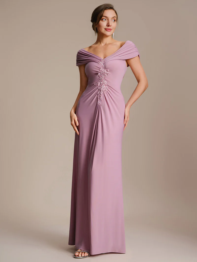 Off Shoulder V-neck Sheath Evening Dresses (Orchid) (Made To Order)