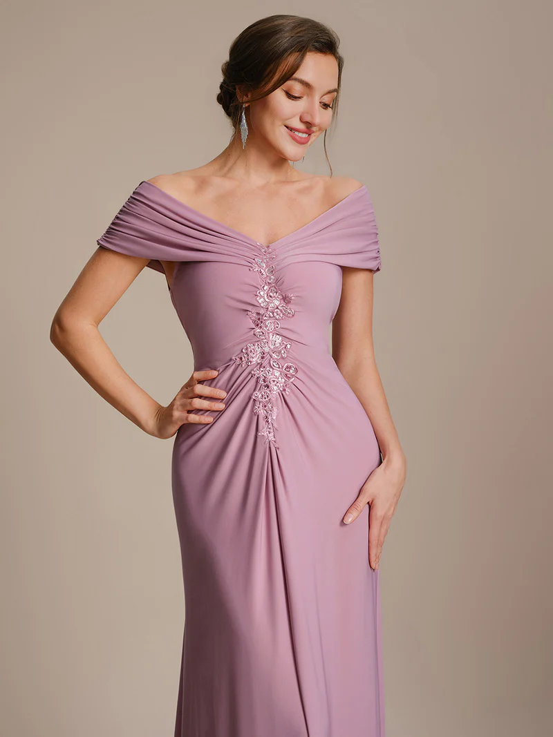 Off Shoulder V-neck Sheath Evening Dresses (Orchid) (Made To Order)