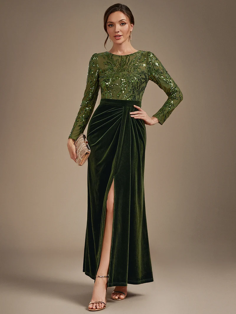 Velvet Long Sleeve Round Neck Sheath Sequin Evening Dress (Made To Order) (Green)