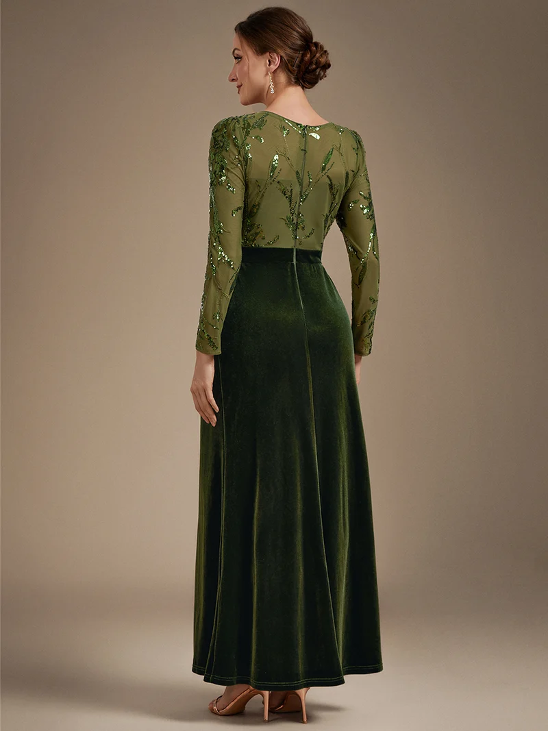 Velvet Long Sleeve Round Neck Sheath Sequin Evening Dress (Made To Order) (Green)